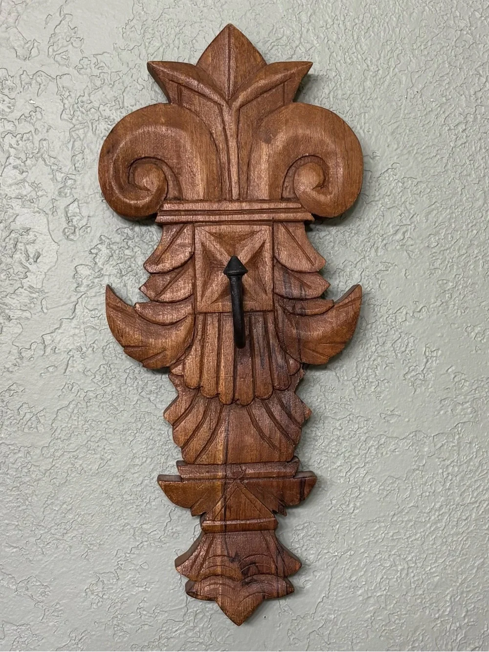 Large Rustic Solid Hand Carved Wood Wall Coat Keys Entryway Hook VTG 14.75”X6.5”